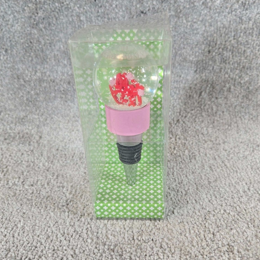 Two's Company Bottle Stopper Pink Holiday Snow Globe Stacy Claire Boyd